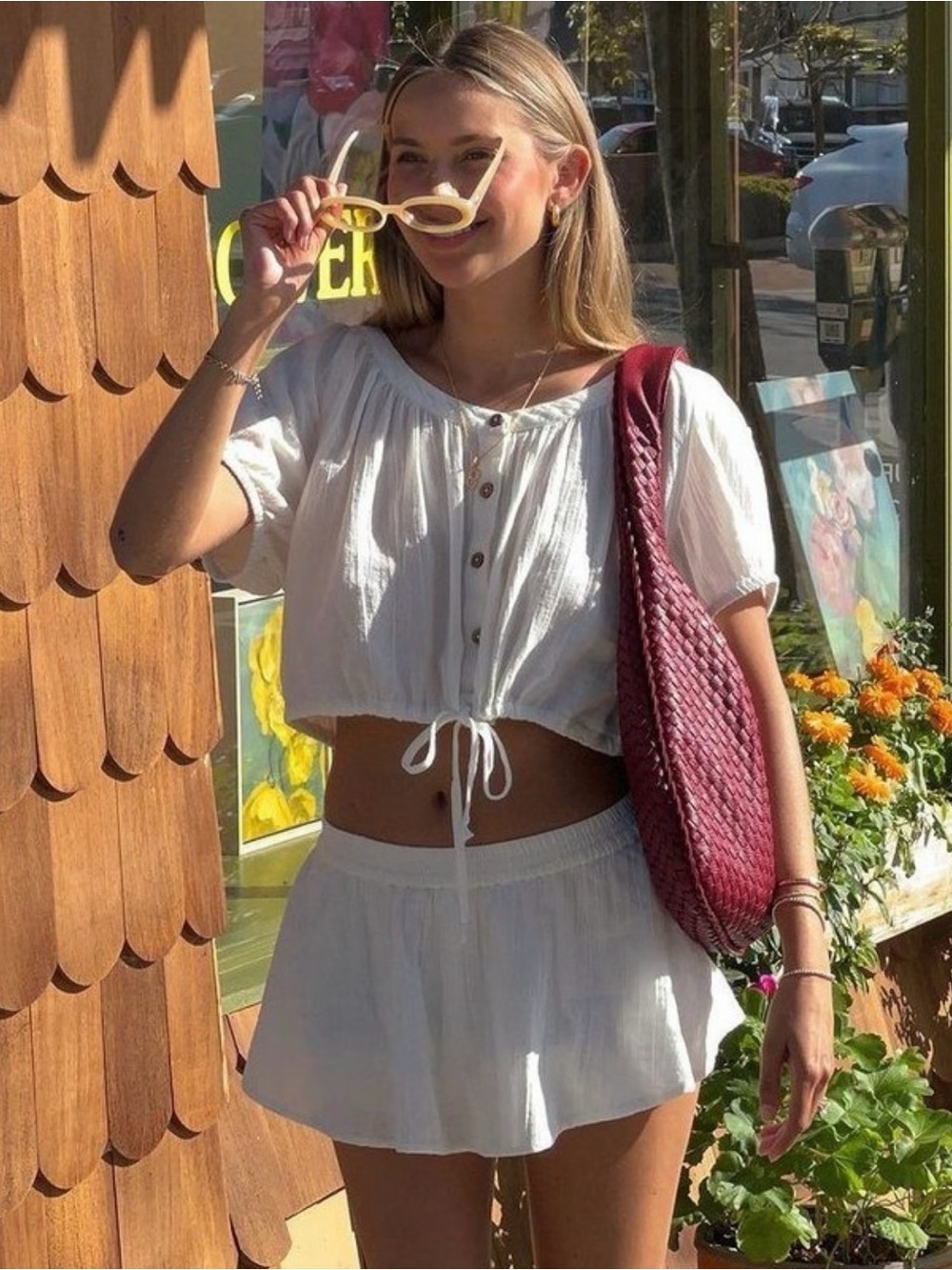Free People White Gauze Tie-Front Crop Top and Skirt Set